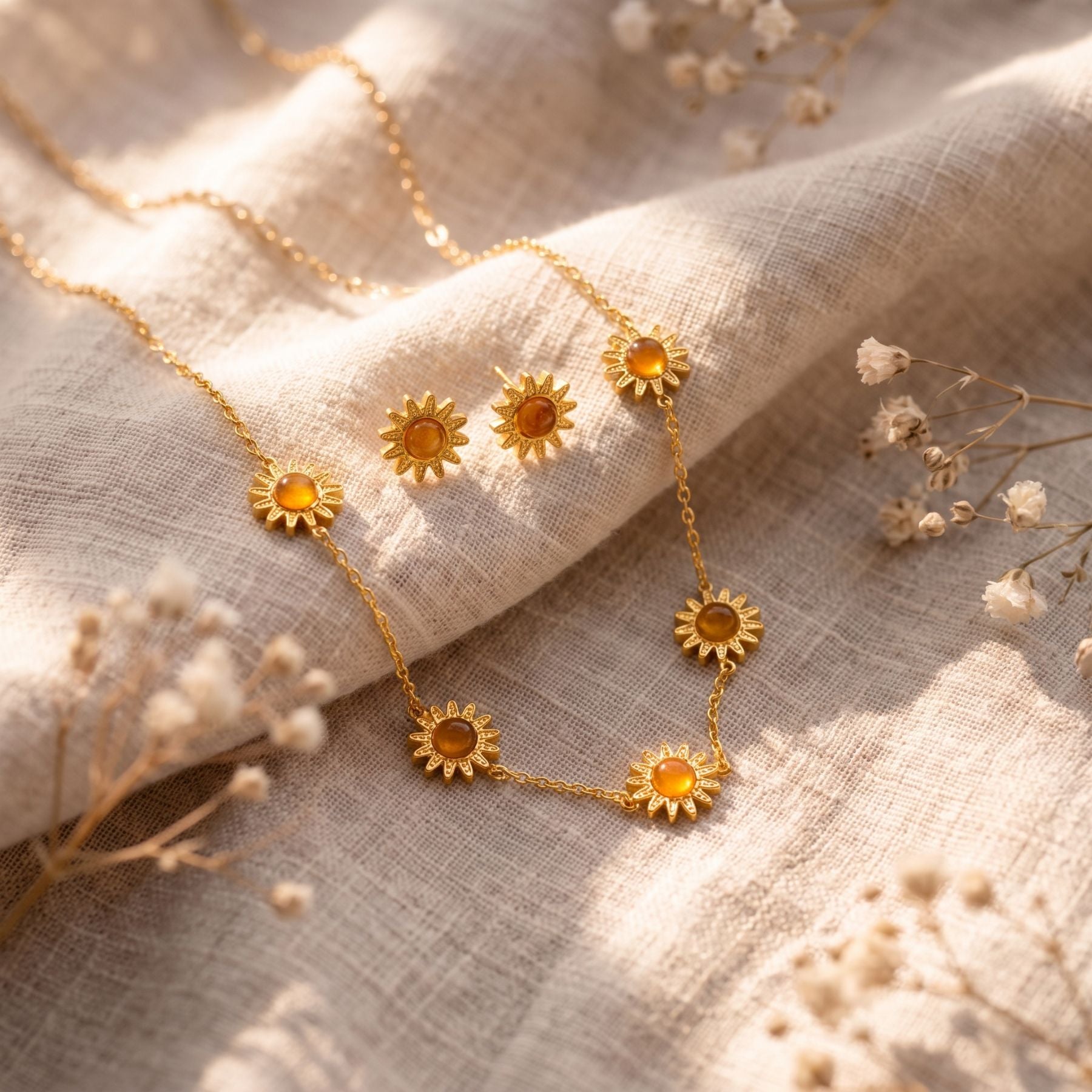 Parure de bijoux soleil pour femme, collier, bracelet et boucles d'oreilles en acier inoxydable doré, avec œil de tigre