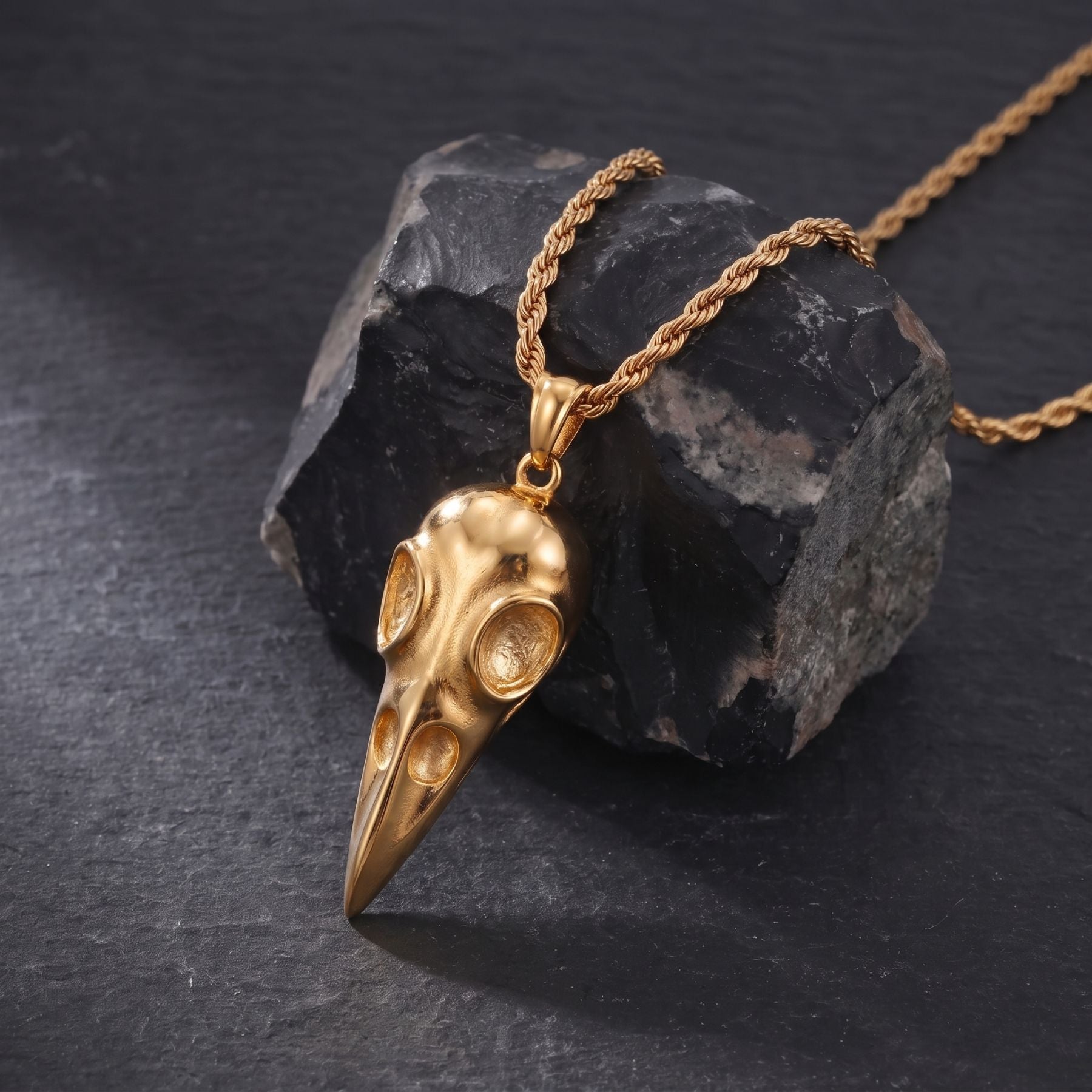 Men's raven skull necklace, in gold stainless steel, gothic style