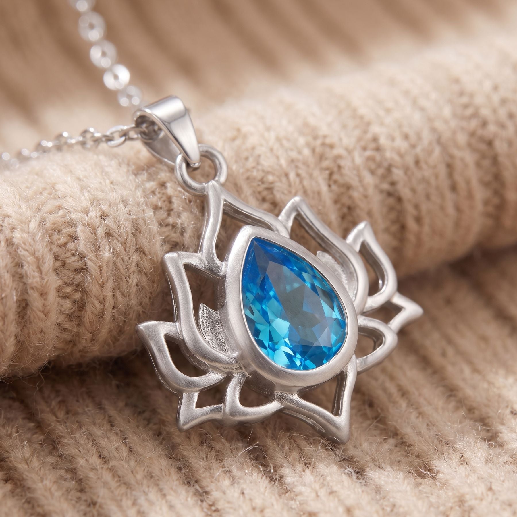 Collier fleur de lotus pour femme, en argent 925, avec pierre bleue
