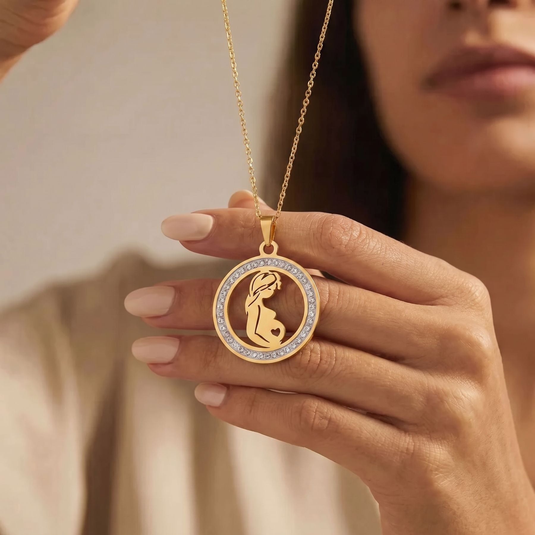 Collier grossesse pour femme, en acier inoxydable, pendentif maman enceinte serti de zircon