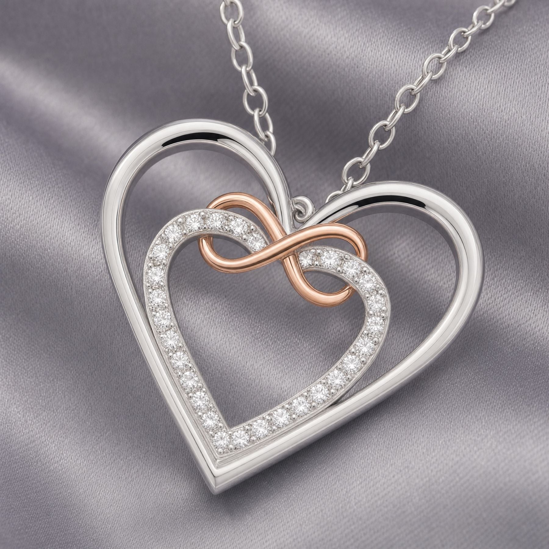 Collier double cœur et signe infini pour femme, en argent 925, finition bicolore élégante