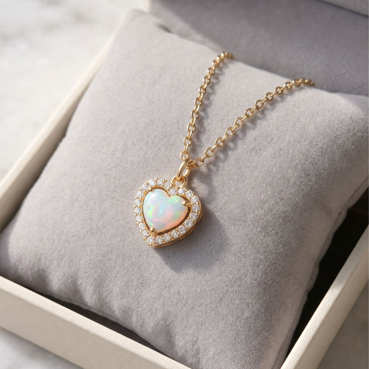 Collier pendentif cœur pour femme, en argent 925, avec pierre effet opale irisée