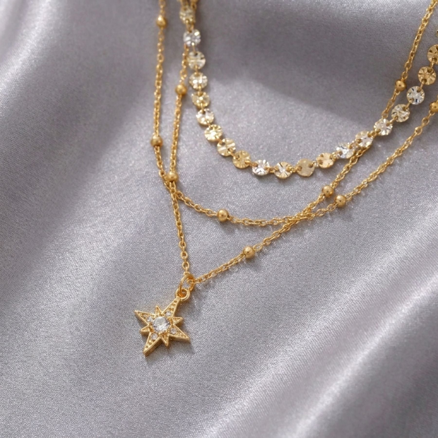 Collier layering pour femme, en acier inoxydable, triple rang, avec pendentif étoile