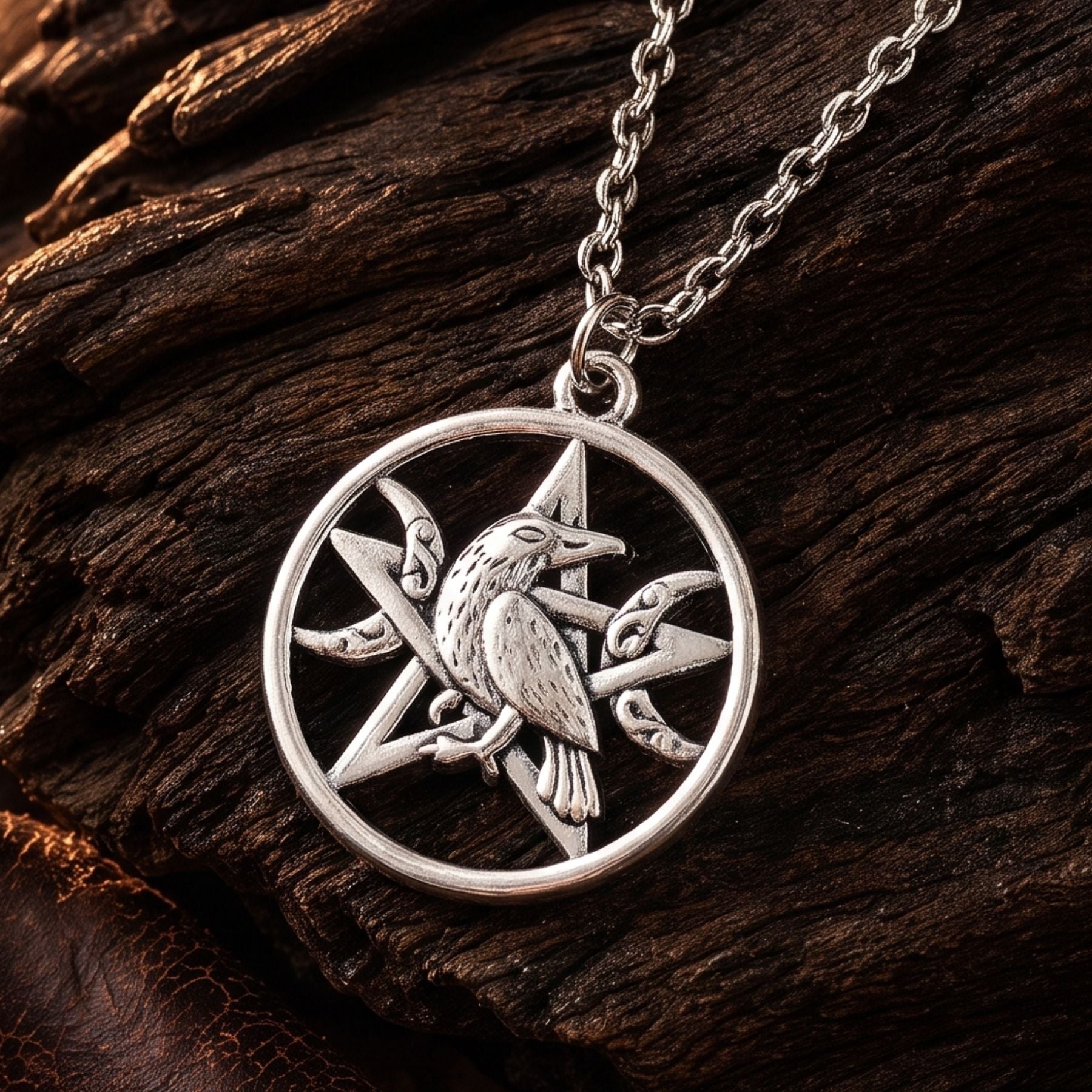 Unisex-Halskette mit Rabe und Pentagramm, aus Zinklegierung, mystischer Stil