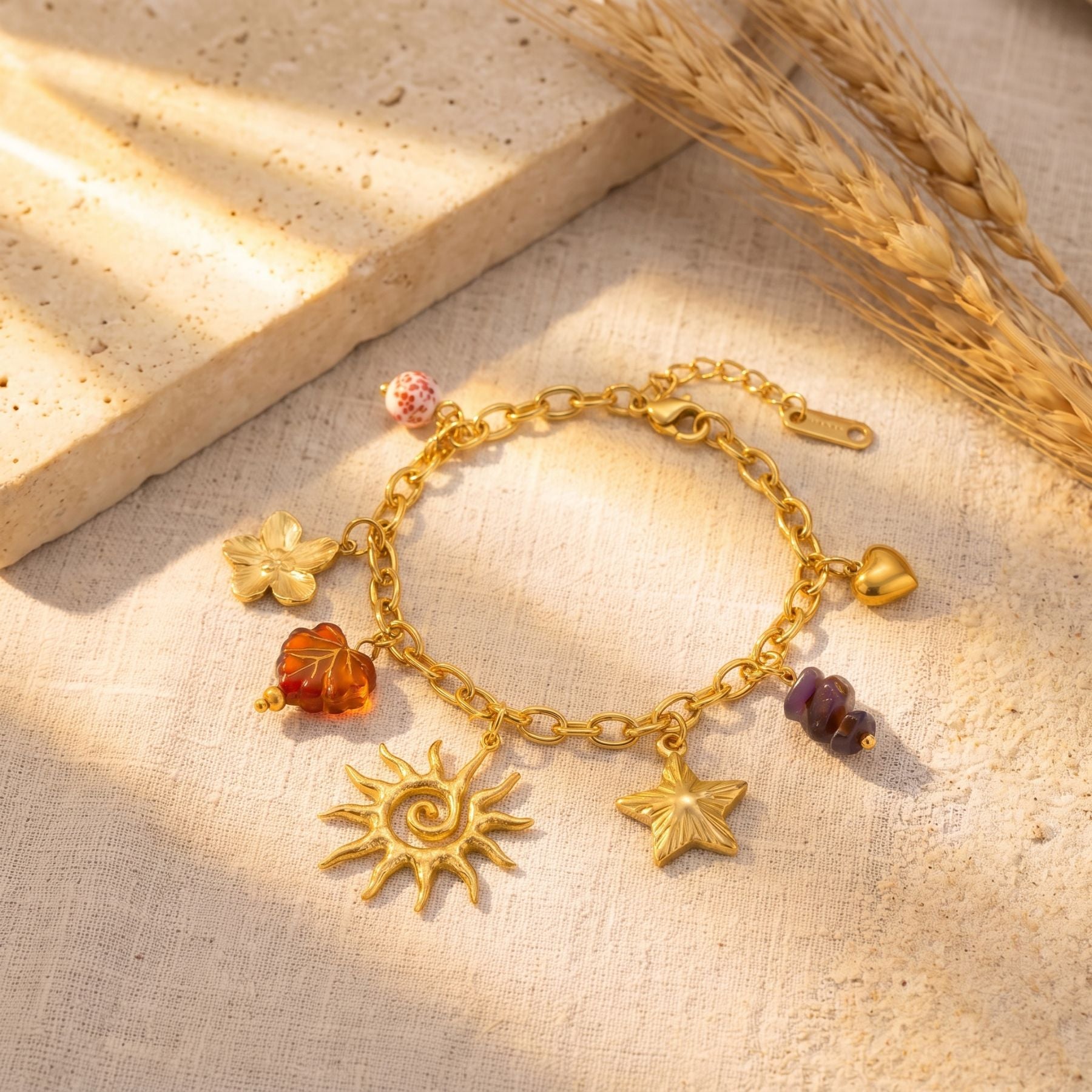 Parure de bijoux bohème pour femme, collier et bracelet en acier inoxydable doré, charms soleil