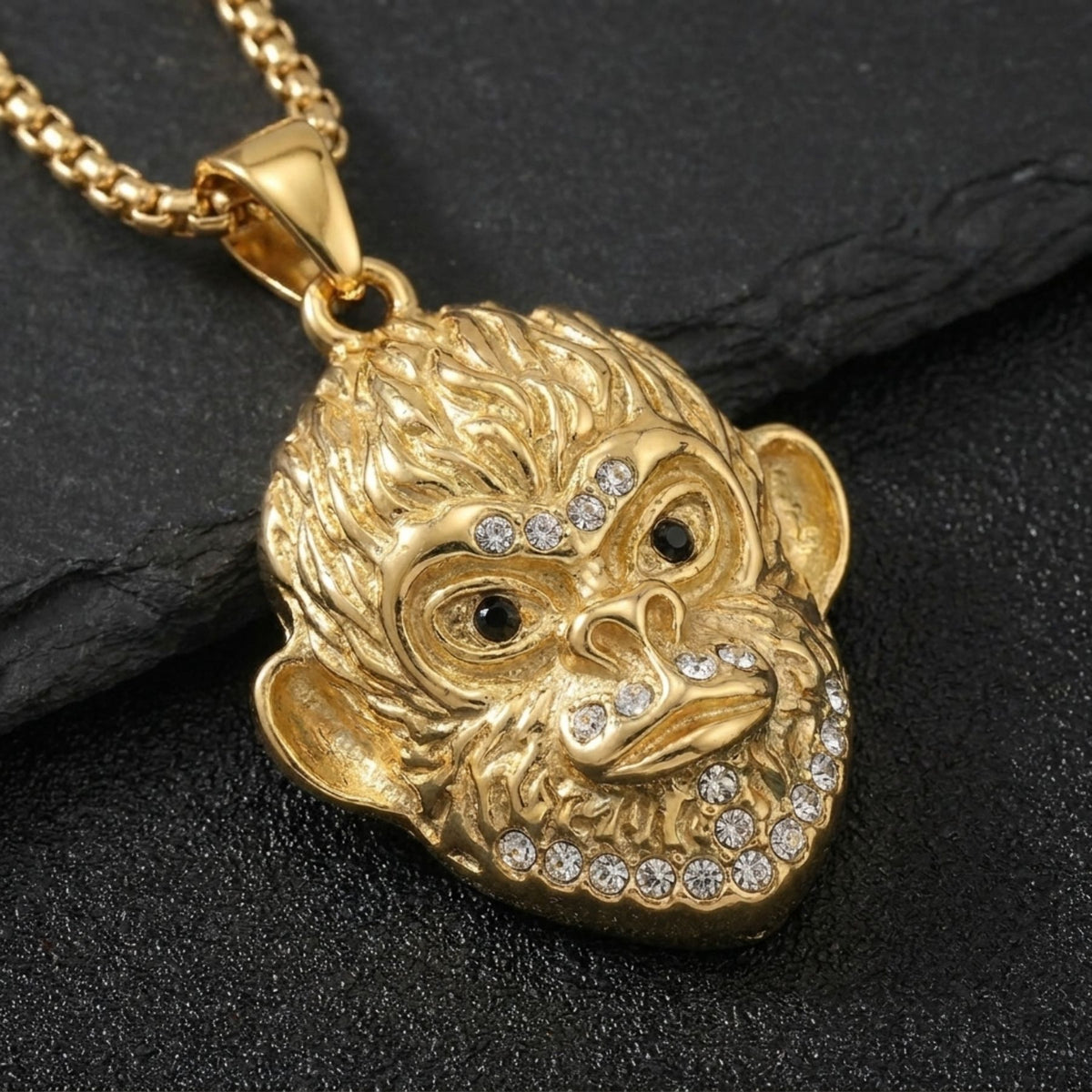 Collier tête de singe pour homme, en acier inoxydable, avec détails scintillants