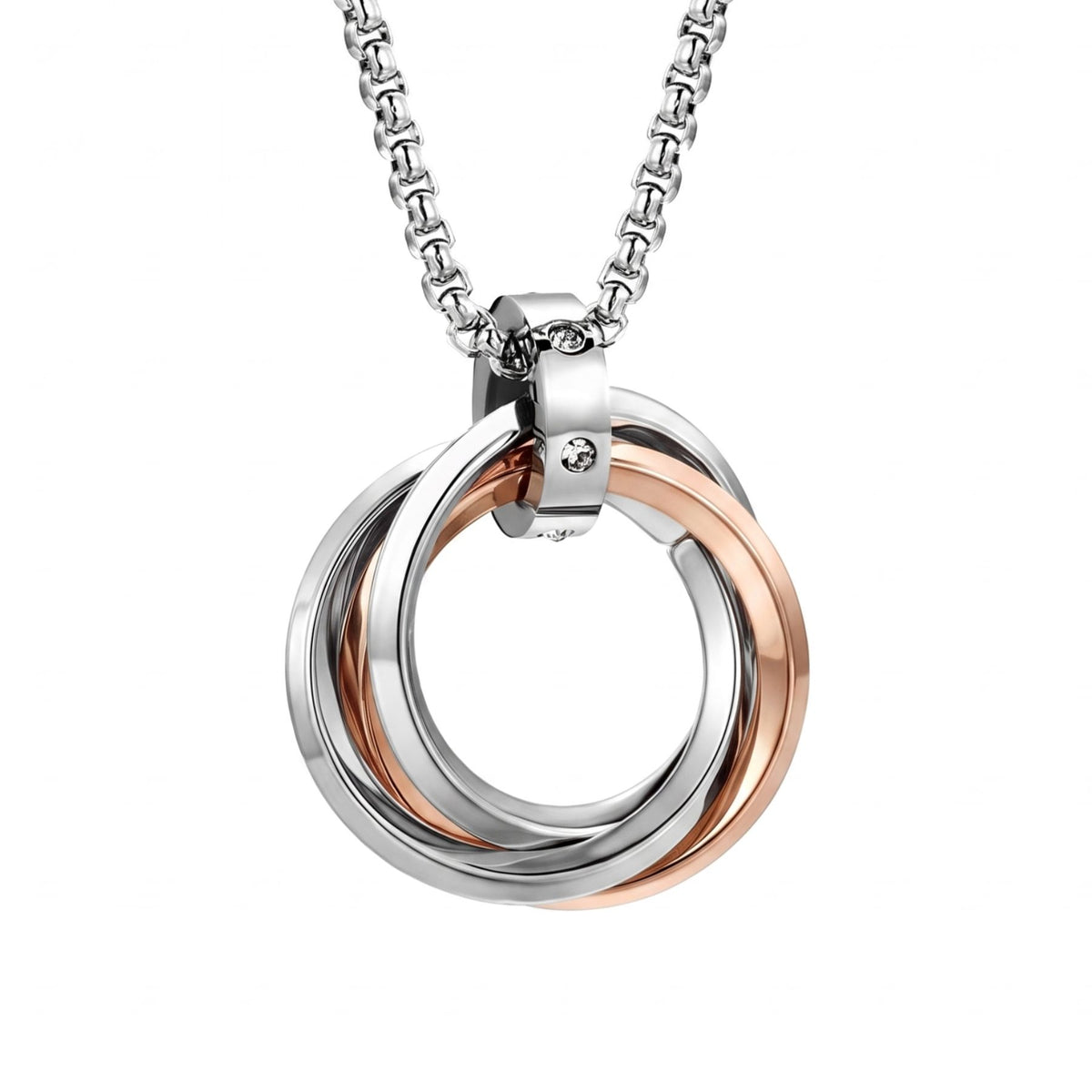 Collier pendentif triple anneaux entrelacés pour homme, en acier inoxydable, design circulaire avec cristaux et finitions colorées