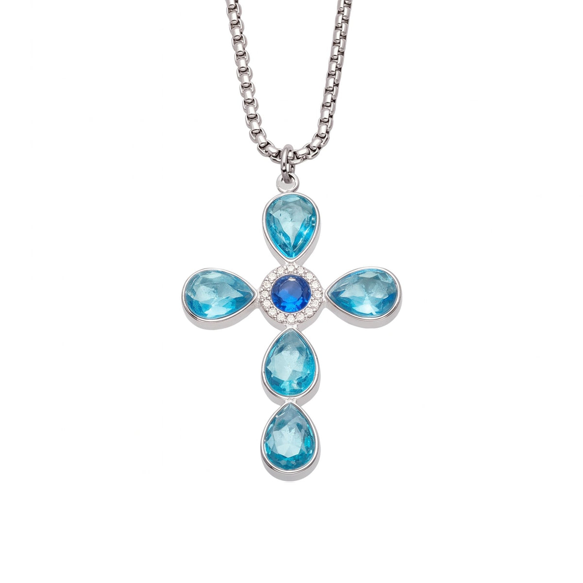 Collana con croce da donna, in acciaio inox argentato, ciondolo incastonato con zirconi colorati a forma di goccia