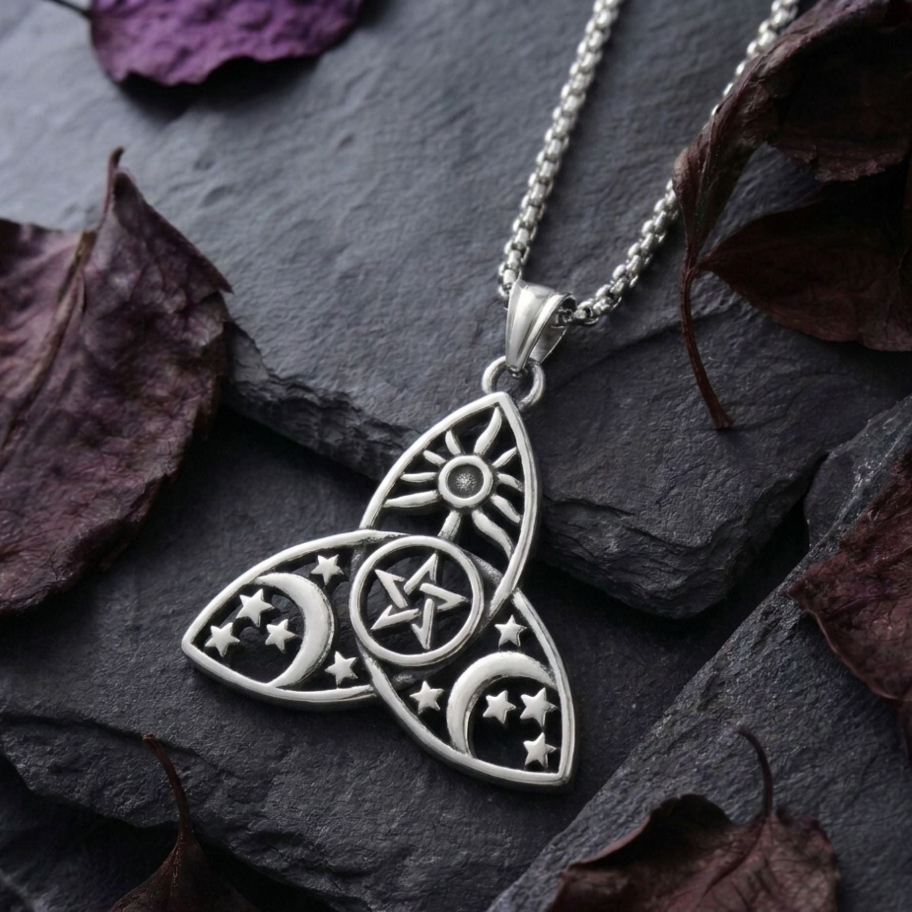 Collier sorcière unisexe, en acier inoxydable, avec pendentif lune et étoiles