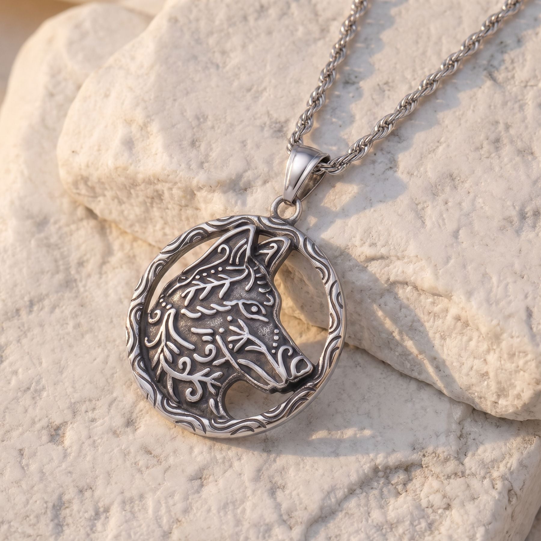 Collier pendentif loup pour homme, en acier inoxydable, design viking argenté