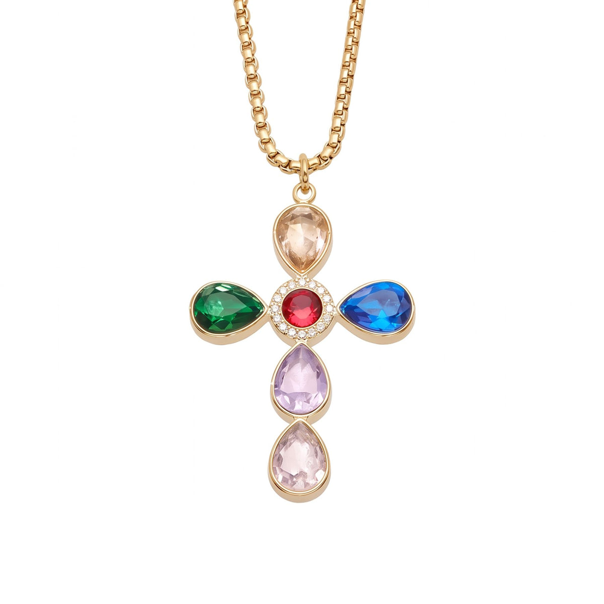 Collana con croce da donna, in acciaio inossidabile dorato, pendente incastonato con zirconi colorati a forma di goccia