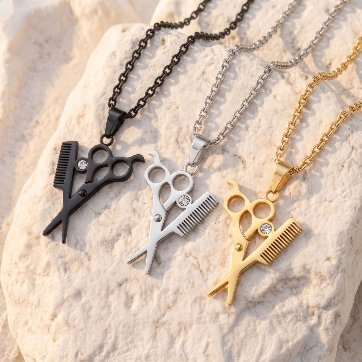 Collier ciseaux et peigne de coiffeur pour homme, en acier inoxydable, avec cristal décoratif