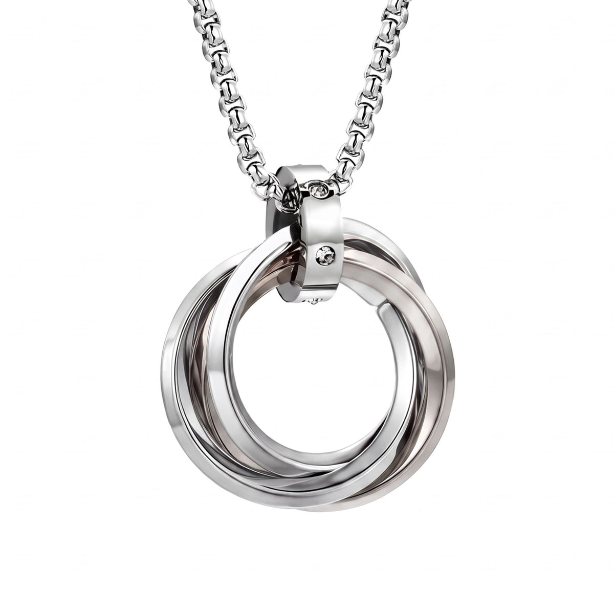Collier pendentif triple anneaux entrelacés pour homme, en acier inoxydable, design circulaire avec cristaux et finitions colorées