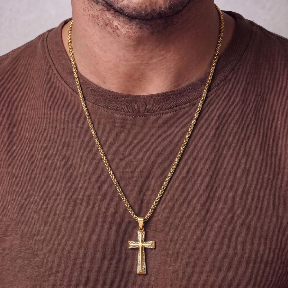 Collier religieux croix chrétienne pour homme, en acier inoxydable, pendentif serti de zircons décoratifs