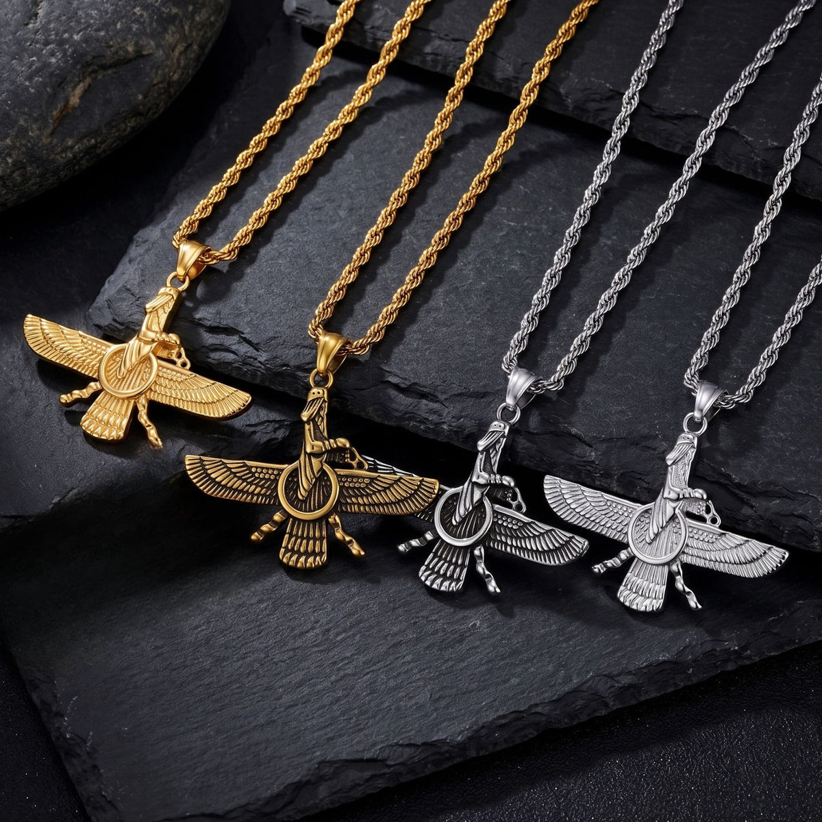 Collier pendentif Faravahar pour homme, en acier inoxydable, symbole ailé inspiré de l’art perse