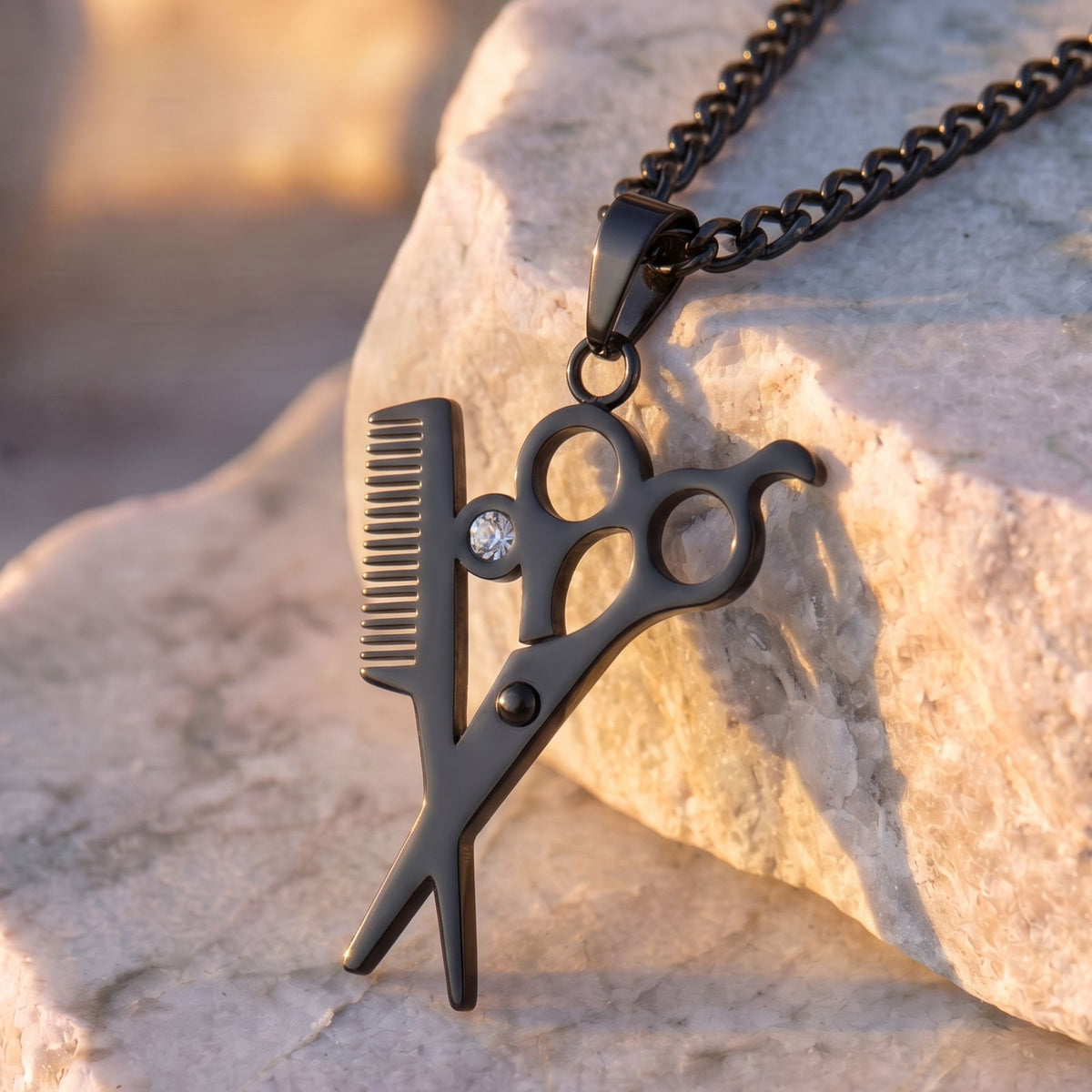 Collier ciseaux et peigne de coiffeur pour homme, en acier inoxydable, avec cristal décoratif