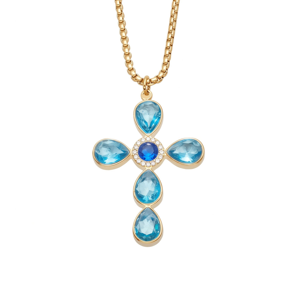 Collana con croce da donna, in acciaio inossidabile dorato, pendente incastonato con zirconi colorati a forma di goccia