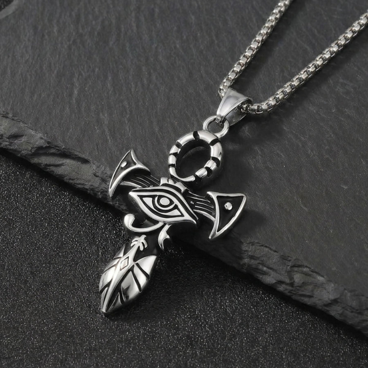 Collana con pendente ankh con Occhio di Horus da uomo, in acciaio titanio, croce egizia con motivi geroglifici scolpiti