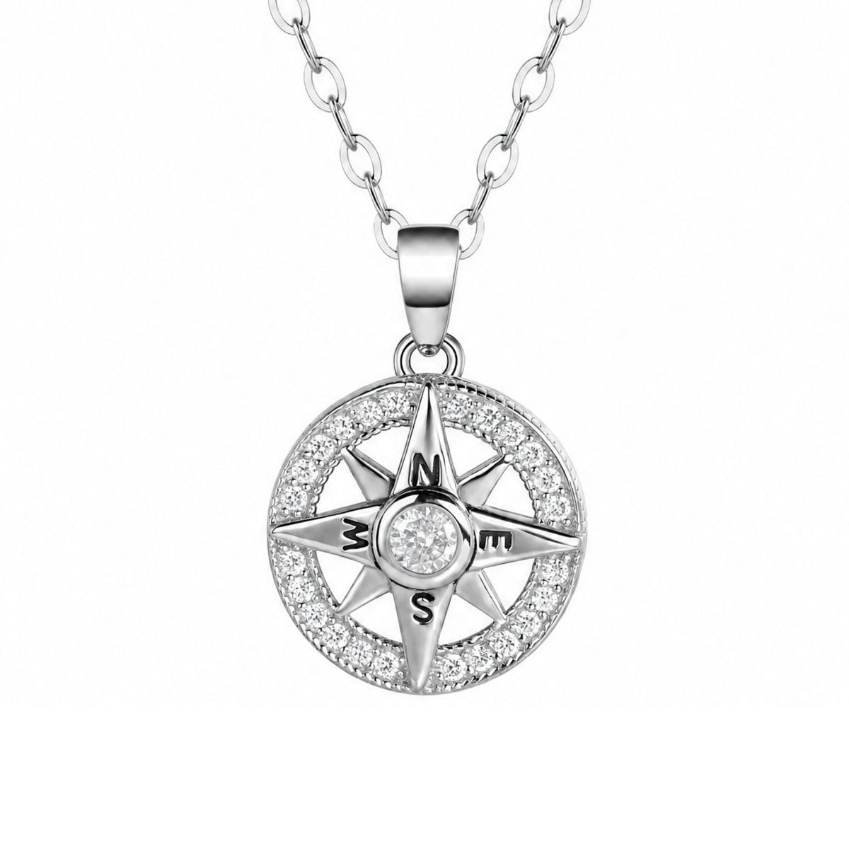 Collar brújula para mujer, de plata 925, con circonita brillante