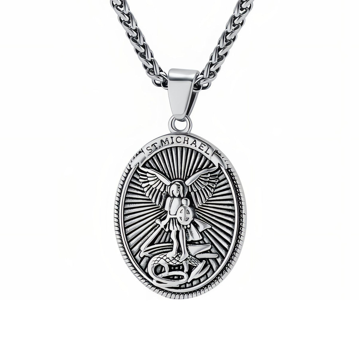 Collier pendentif Saint-Michel archange pour homme, en acier inoxydable, avec médaillon ovale sculpté