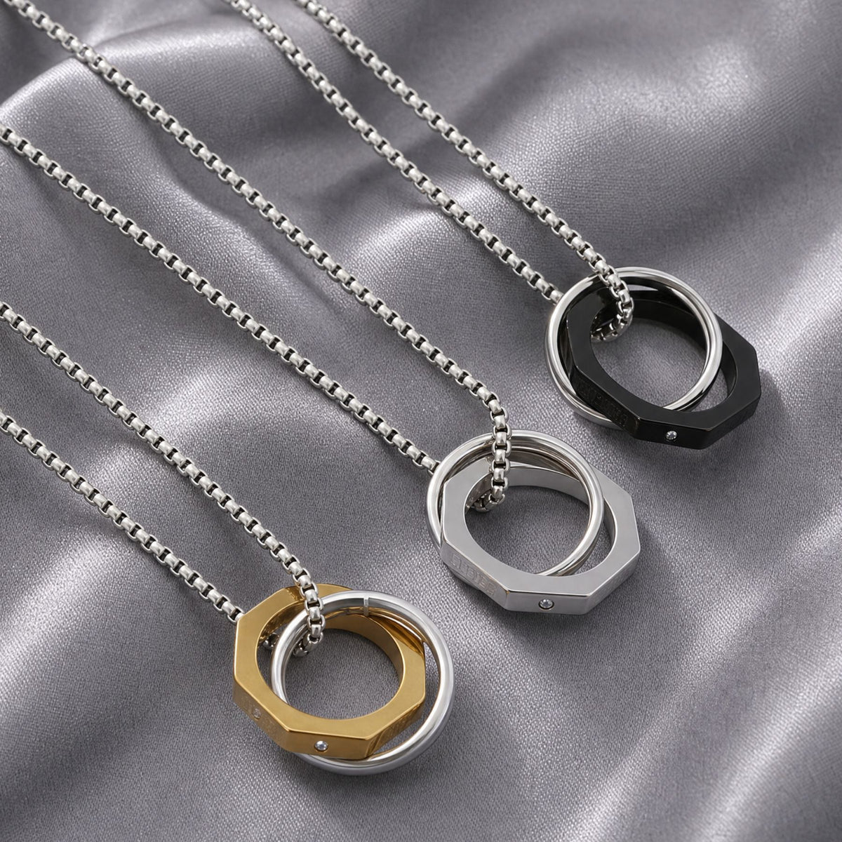 Collier pendentif double anneaux entrelacés pour homme, en acier inoxydable, gravé LOVE avec cristal scintillant