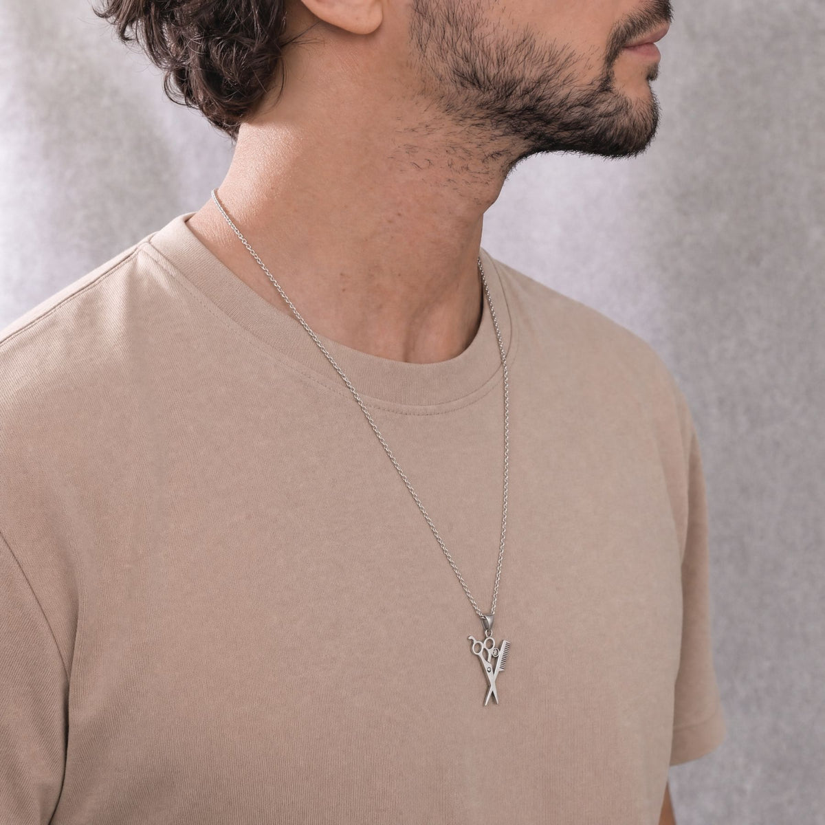 Collier ciseaux et peigne de coiffeur pour homme, en acier inoxydable, avec cristal décoratif