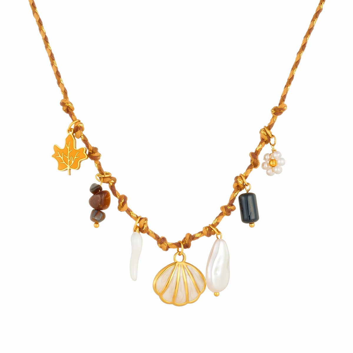 Collier coquillage pour femme, en acier inoxydable doré, cordon tressé marron avec perles et breloques