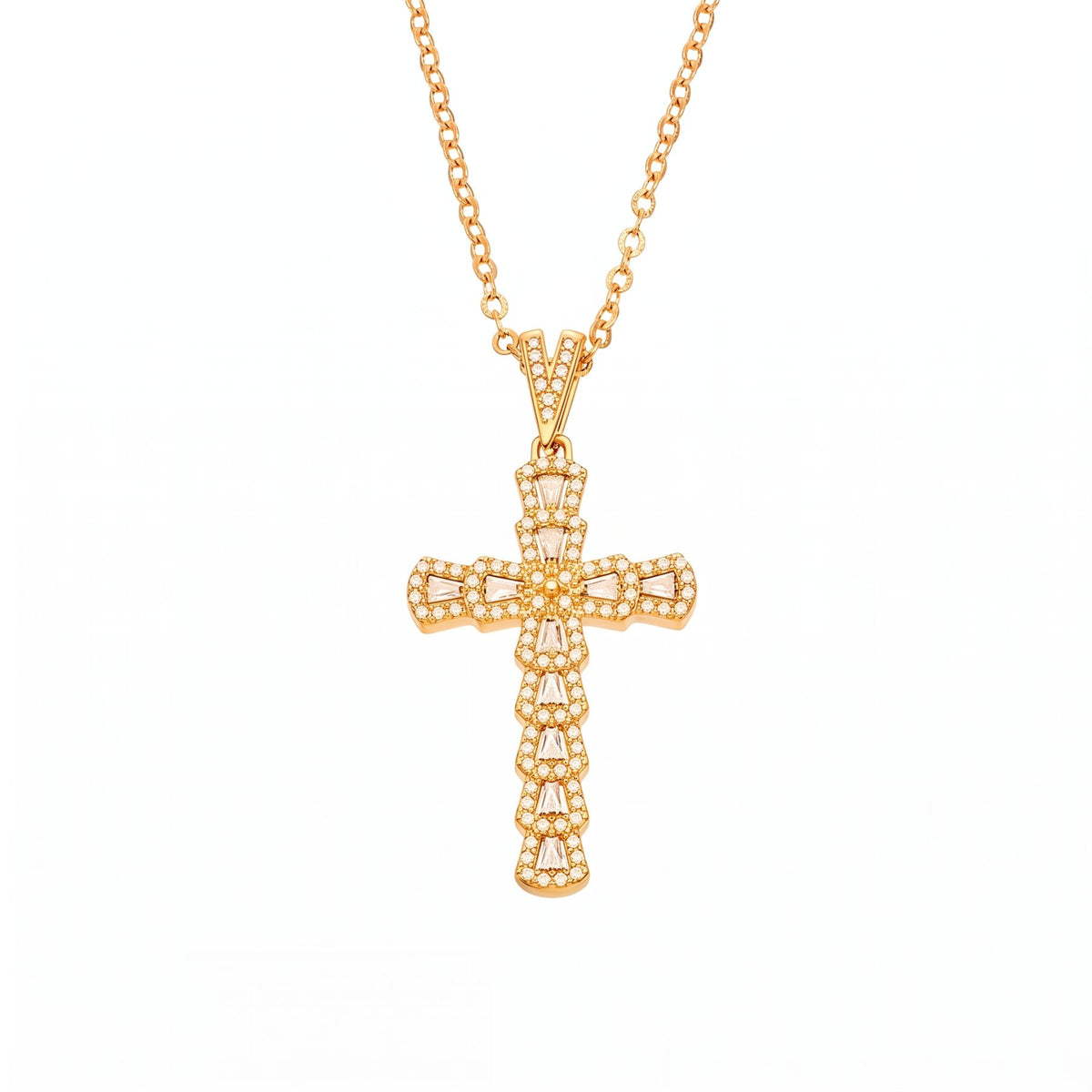 Collana con croce cristiana da donna, in acciaio inossidabile dorato, ciondolo pavé con zirconi bianchi