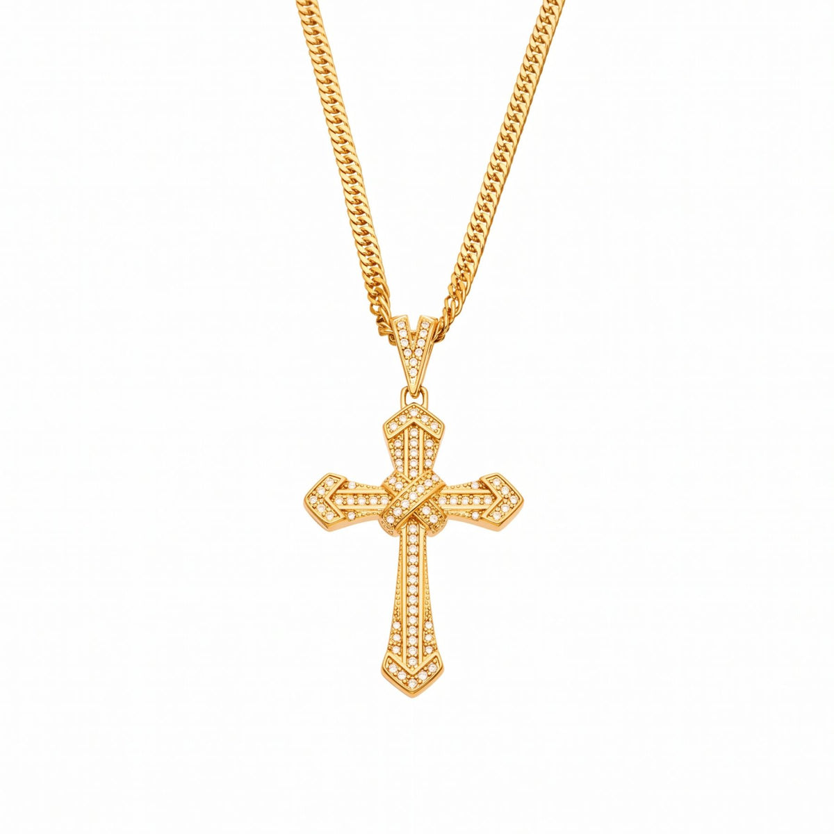 Collana con croce cristiana da donna, in acciaio inossidabile dorato, pendente geometrico incastonato con zirconi trasparenti