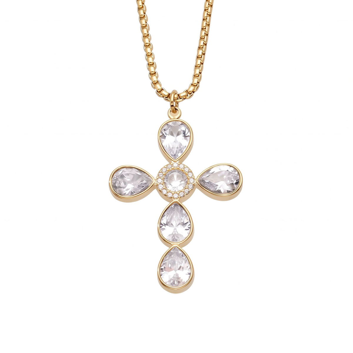Collana con croce da donna, in acciaio inossidabile dorato, pendente incastonato con zirconi colorati a forma di goccia