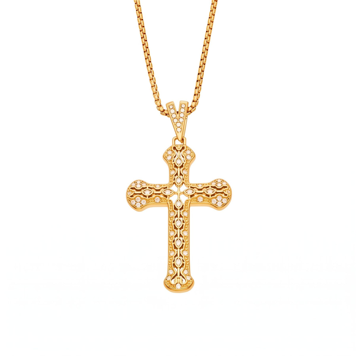 Collana con croce barocca da donna, in acciaio inossidabile dorato, pendente traforato incastonato con pietre bianche in stile ornamentale