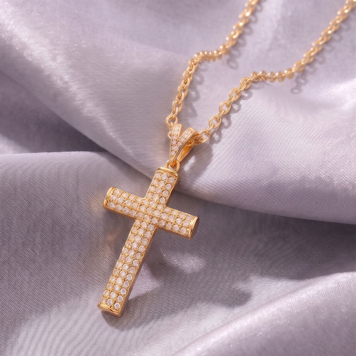 Collana con croce da donna, in acciaio inossidabile dorato, pendente cristiano interamente incastonato con zirconi bianchi