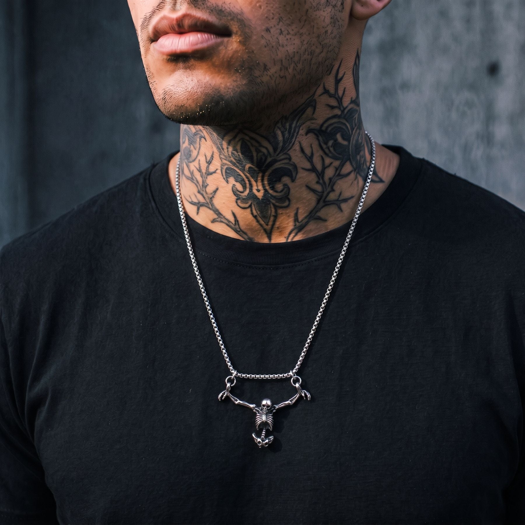 Collier squelette unisexe, en alliage de zinc argent, avec pendentif squelette