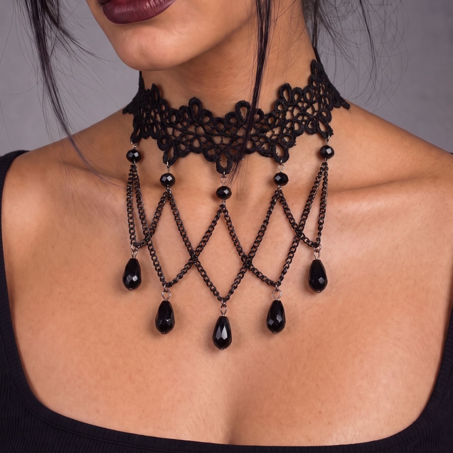 Collier ras de cou gothique victorien pour femme, en dentelle noire