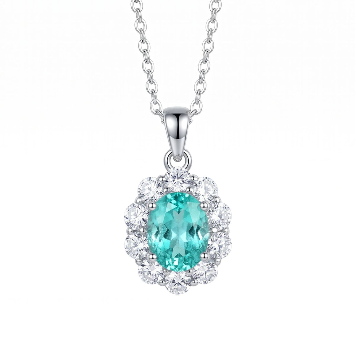 Collana con tormalina Paraíba da donna in rame argentato, pendente ovale blu turchese circondato da pietre bianche