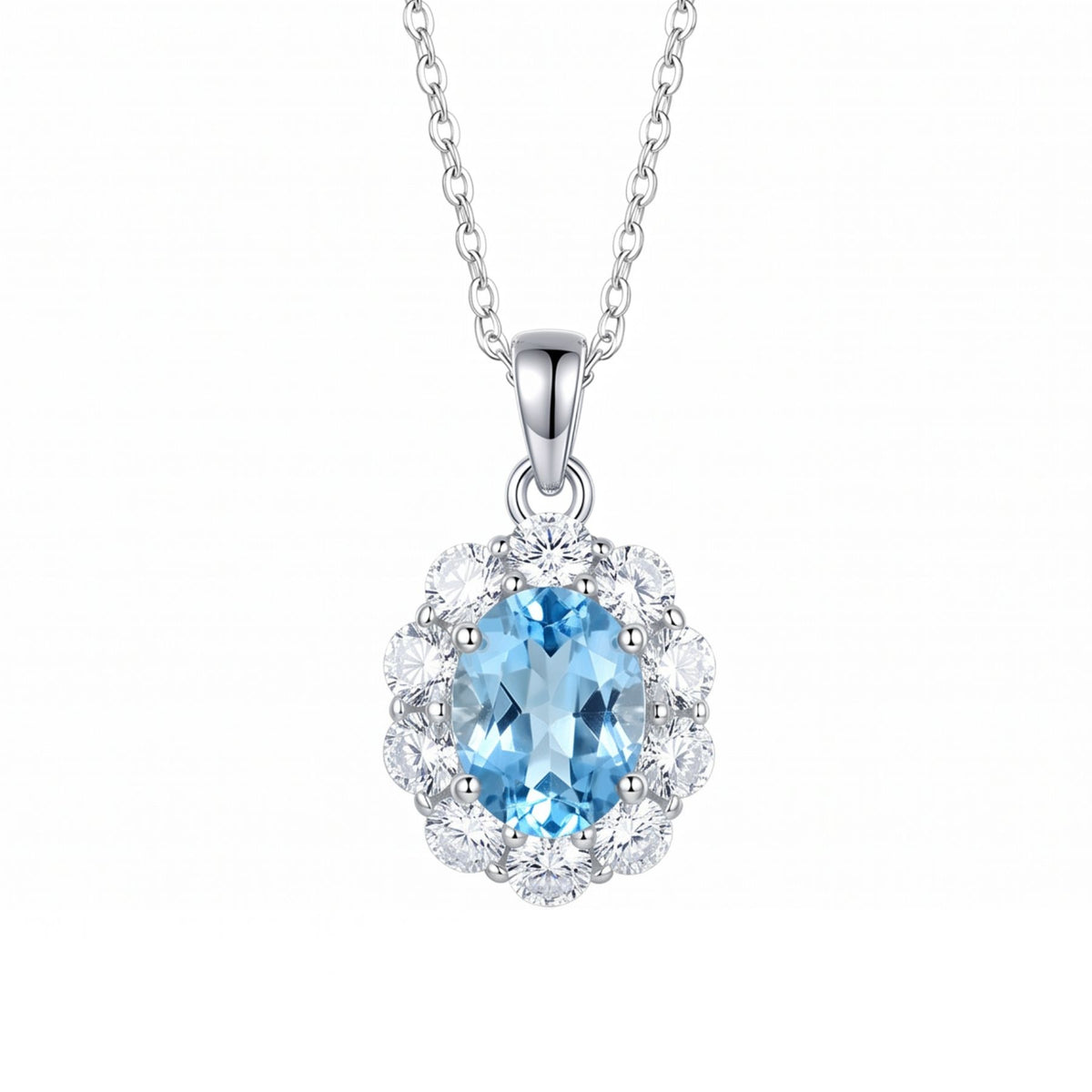 Collana con tormalina Paraíba da donna in rame argentato, pendente ovale blu turchese circondato da pietre bianche