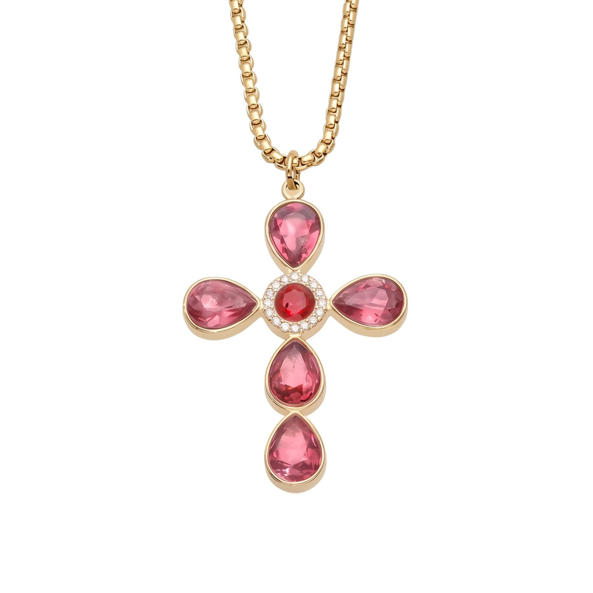 Collana con croce da donna, in acciaio inossidabile dorato, pendente incastonato con zirconi colorati a forma di goccia