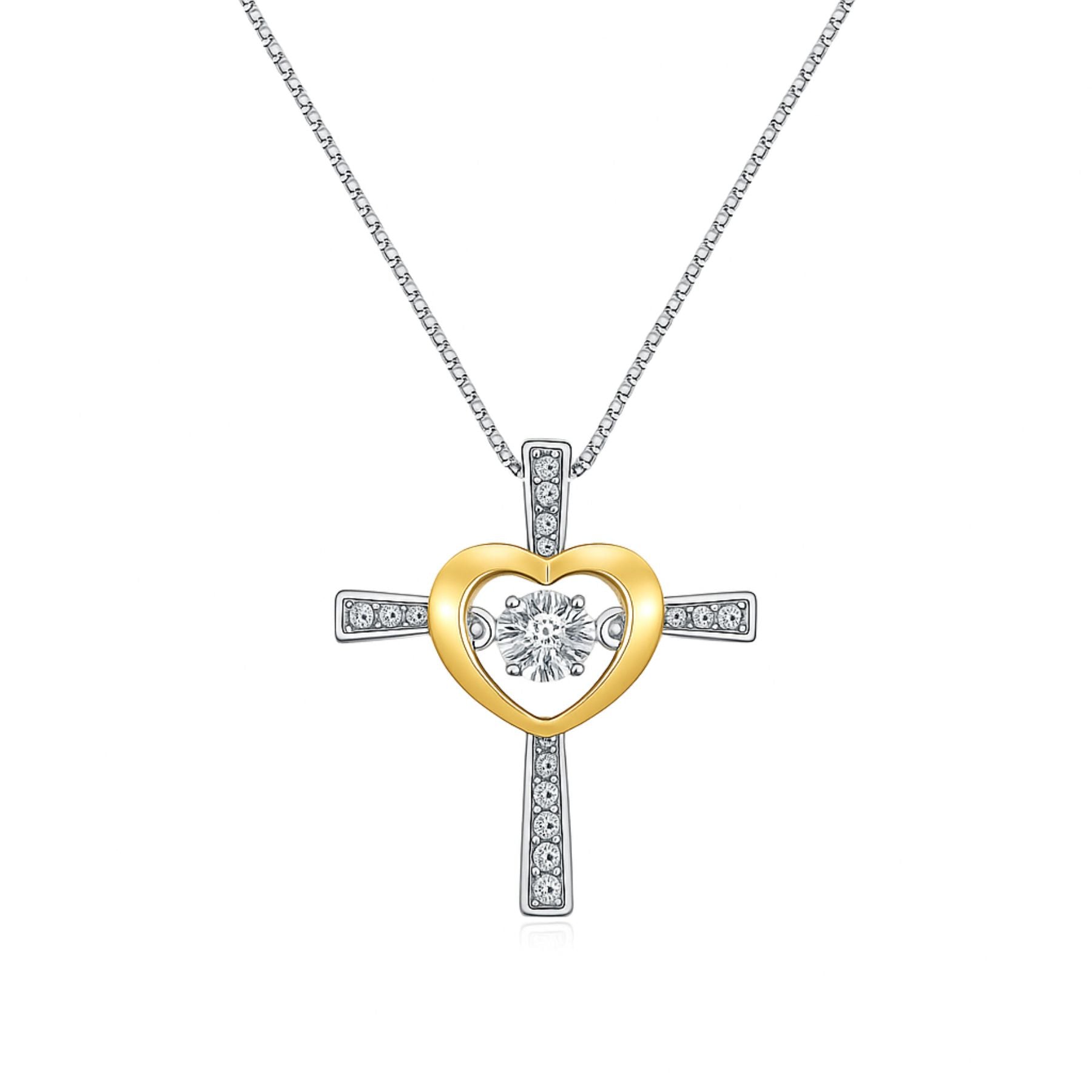 Collier religieux chic, en argent 925, croix pavée de zircons avec pendentif cœur doré