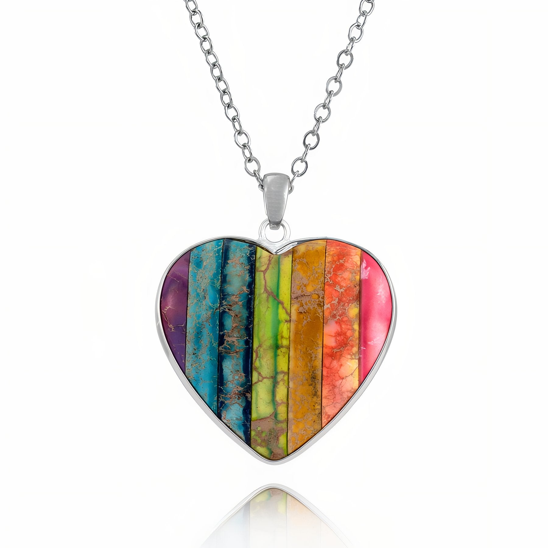Collier coeur 7 chakras, monture dorée ou argentée, bijou coloré pour femme