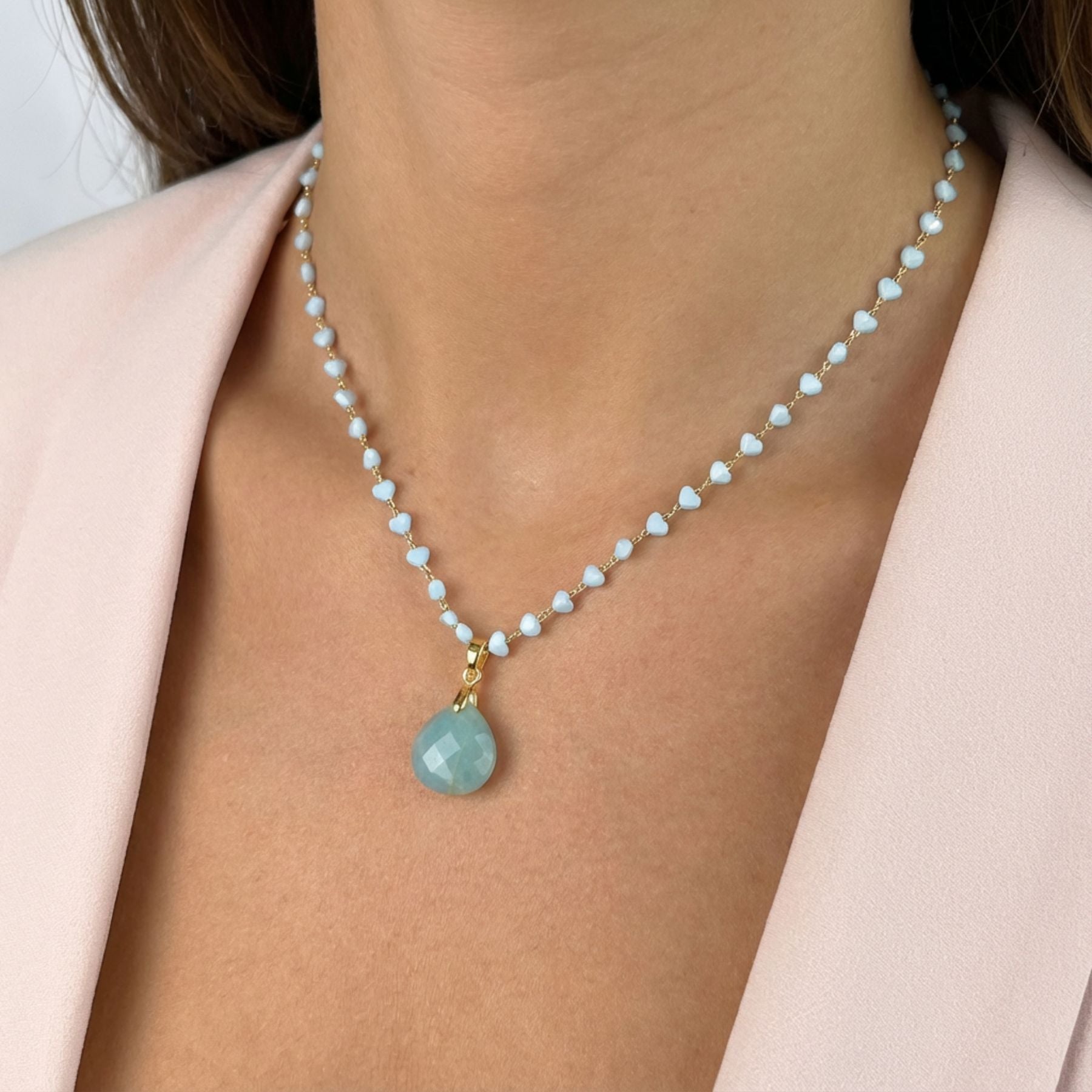 Teardrop pendant necklace in natural Amazonite stone, fine gold mesh and blue beads, bohemian style