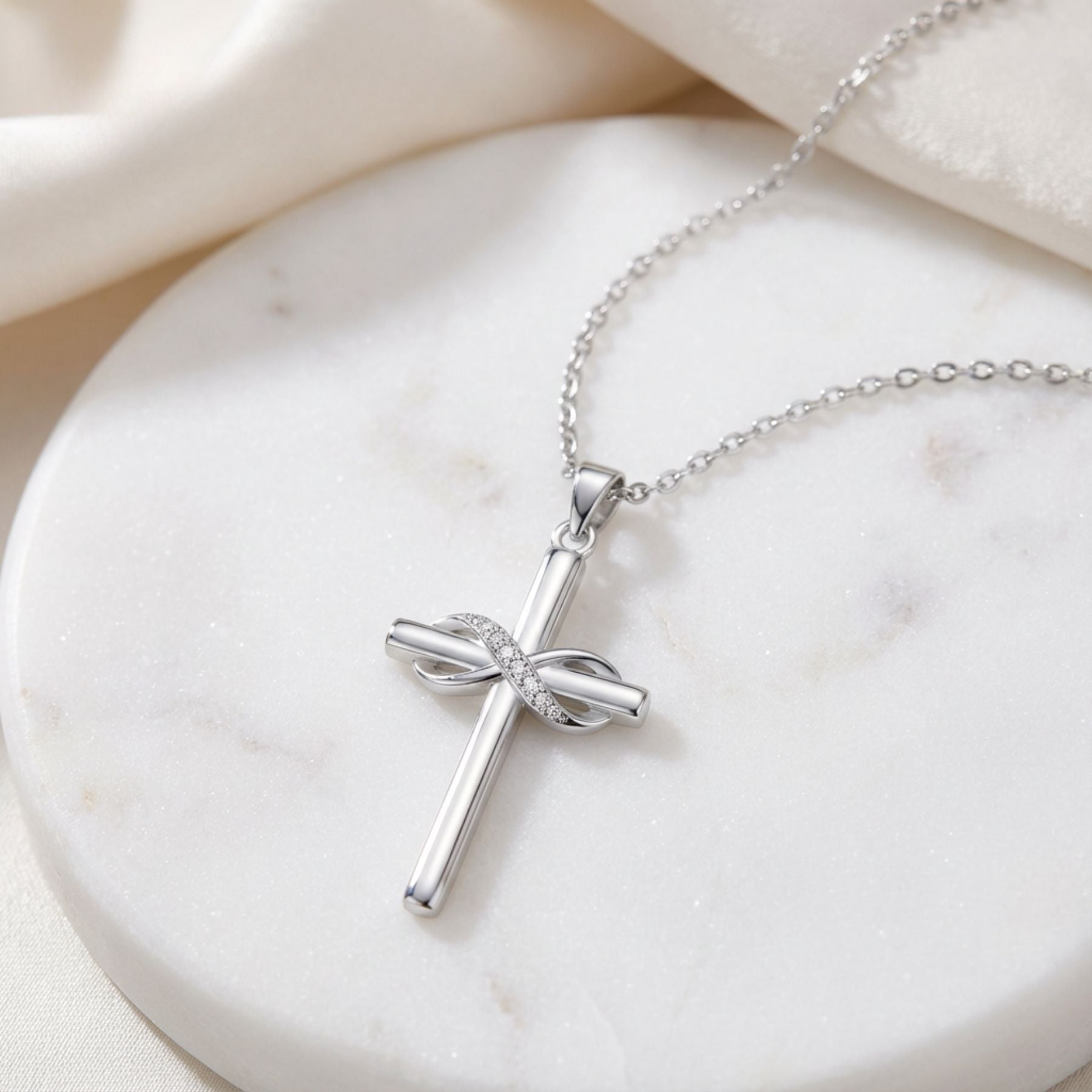 925 sterling silver cross necklace, infinity motif set with cubic zirconia