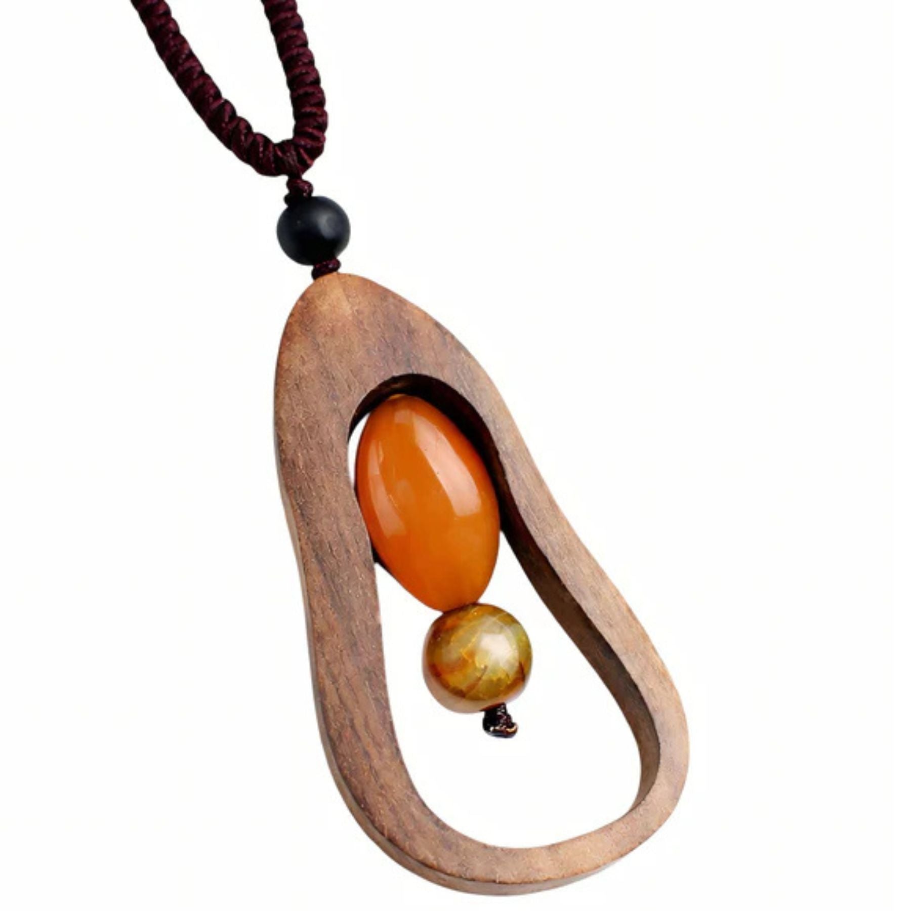 Handgefertigte Halskette aus geschnitztem Naturholz mit einem Anhänger aus Achatstein im Bohème-Stil