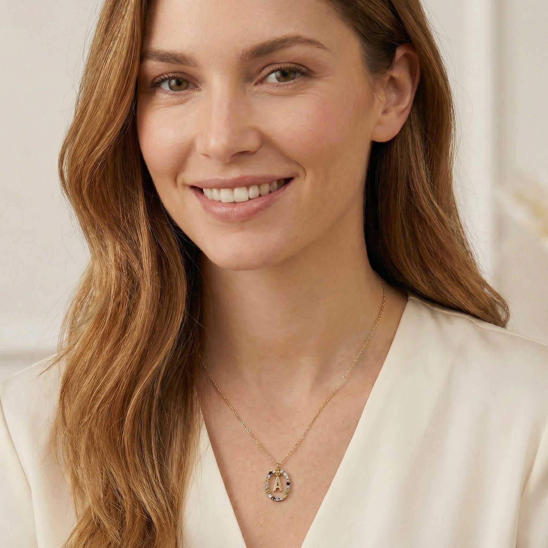 Letter necklace for women, in 925 sterling silver plated with gold, multicolored zircons and curb chain