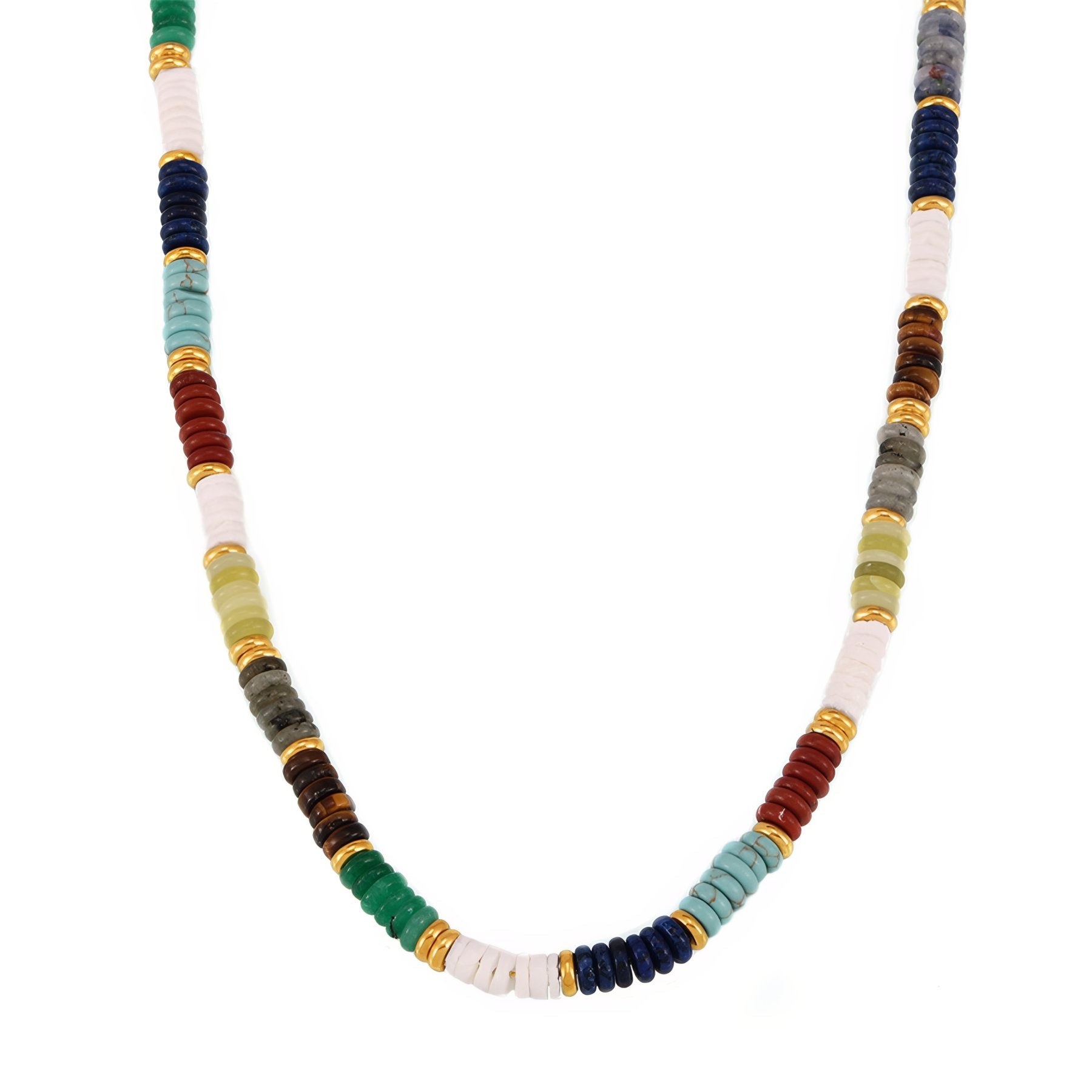 Collier bohème en pierres naturelles, perles rondelles et acier inoxydable plaqué or 18K