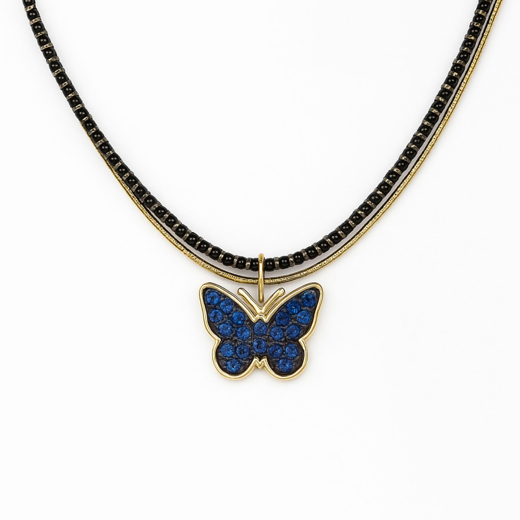 Collier ras de cou multi rangs, pendentif papillon strass bleu, taille ajustable, modèle Heather
