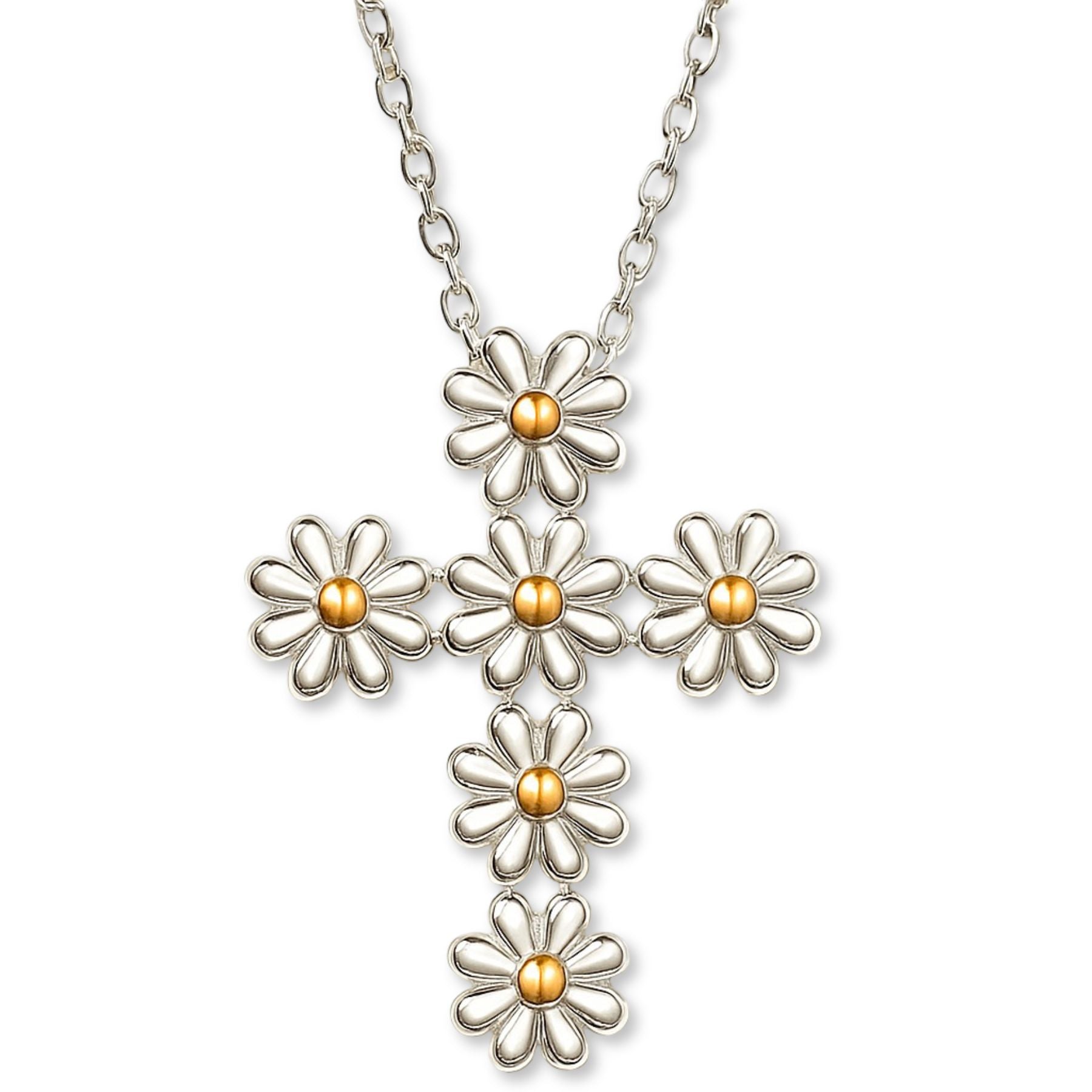 Collier croix florale en argent 925, pendentif marguerites bicolores, bijou discret pour femme