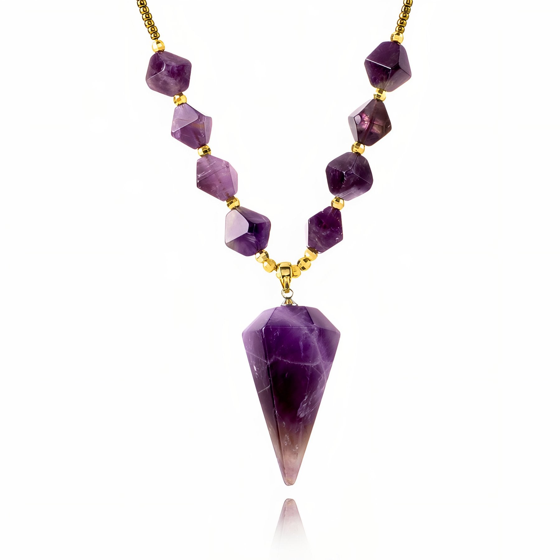 Collier en améthyste naturelle, pendentif cône hexagonal et perles dorées pour femme, modèle Ombrelune