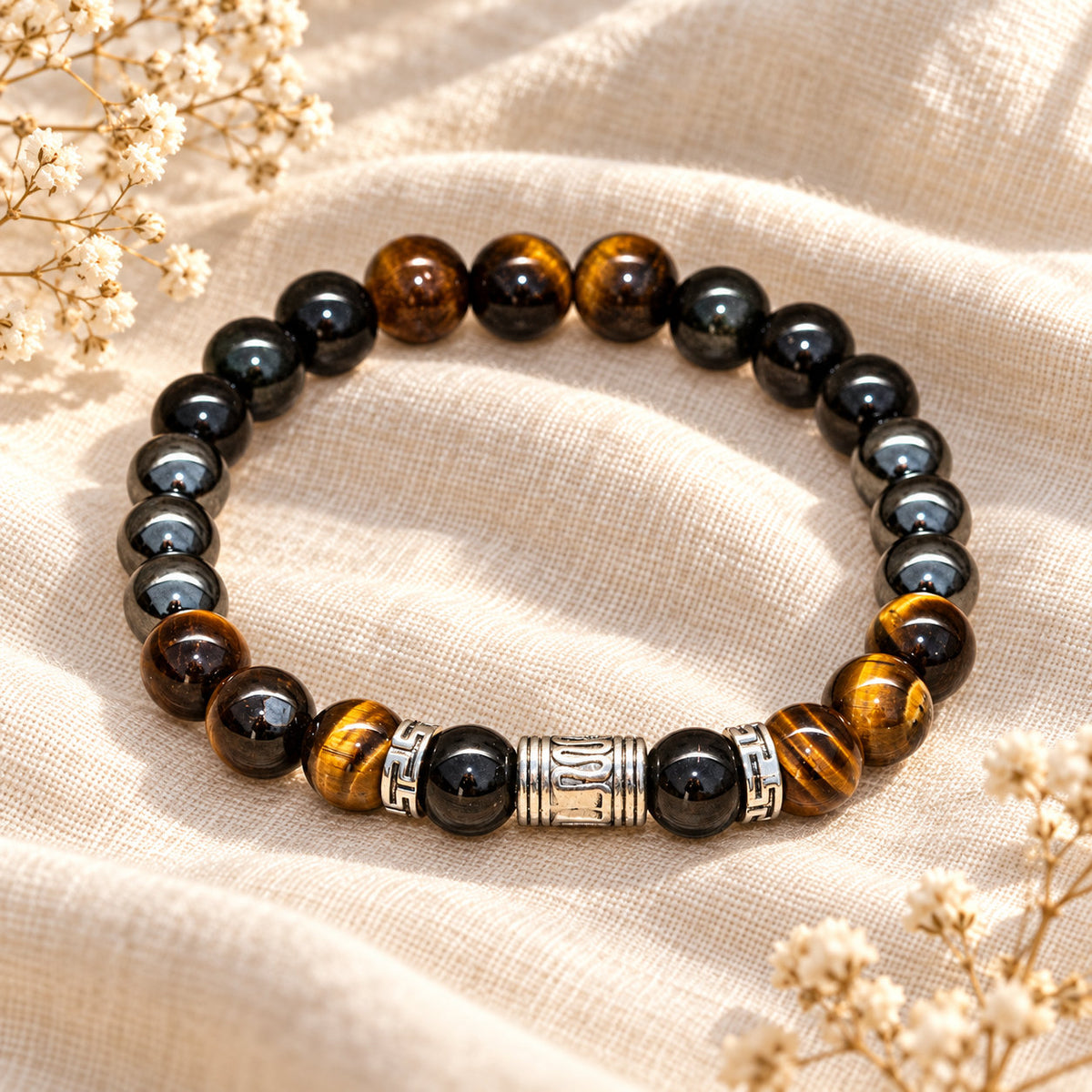 Aégorys armband van tijgeroog, hematiet en obsidiaan, symbool van bescherming