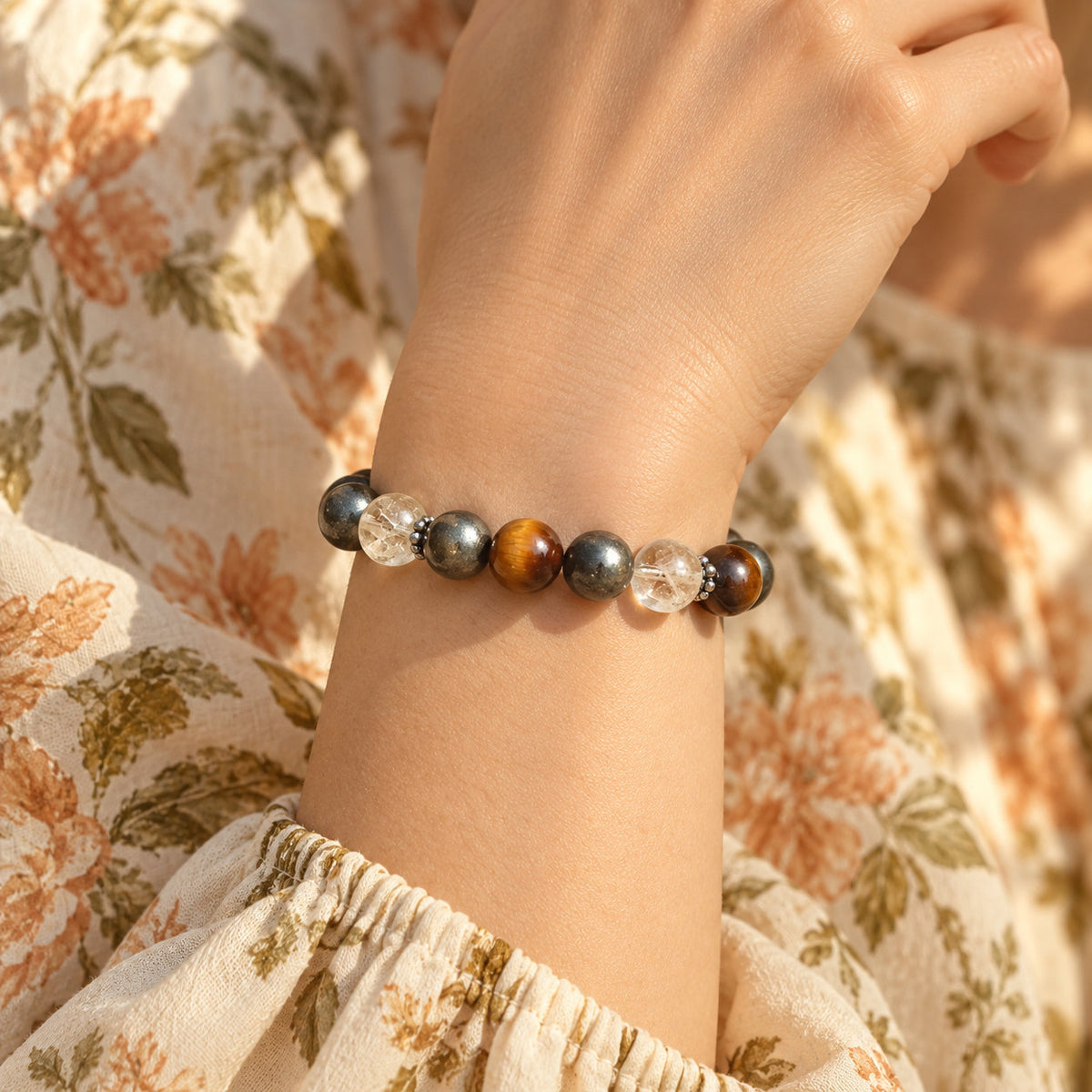 Bracelet Aurivane en œil de tigre, pyrite et citrine, symbole de réussite et de confiance
