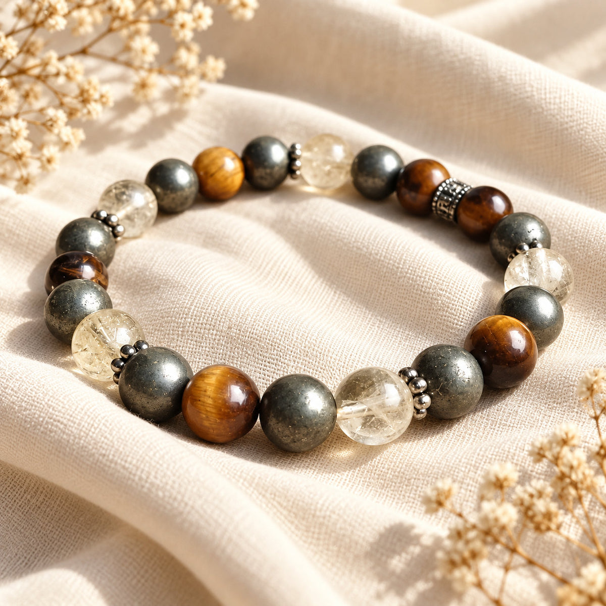 Bracelet Aurivane en œil de tigre, pyrite et citrine, symbole de réussite et de confiance